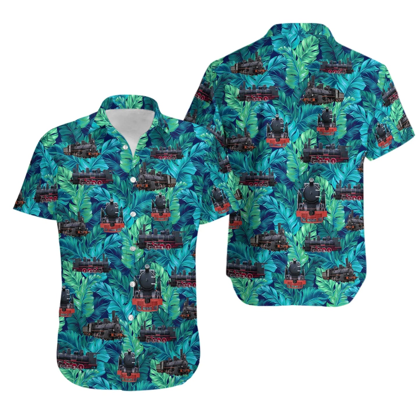Steam Train Hawaiian Shirt | Tropical Leaf Print Pattern | Lightweight Breathable Fabric | Unique Gift For Train Enthusiasts And Railfans