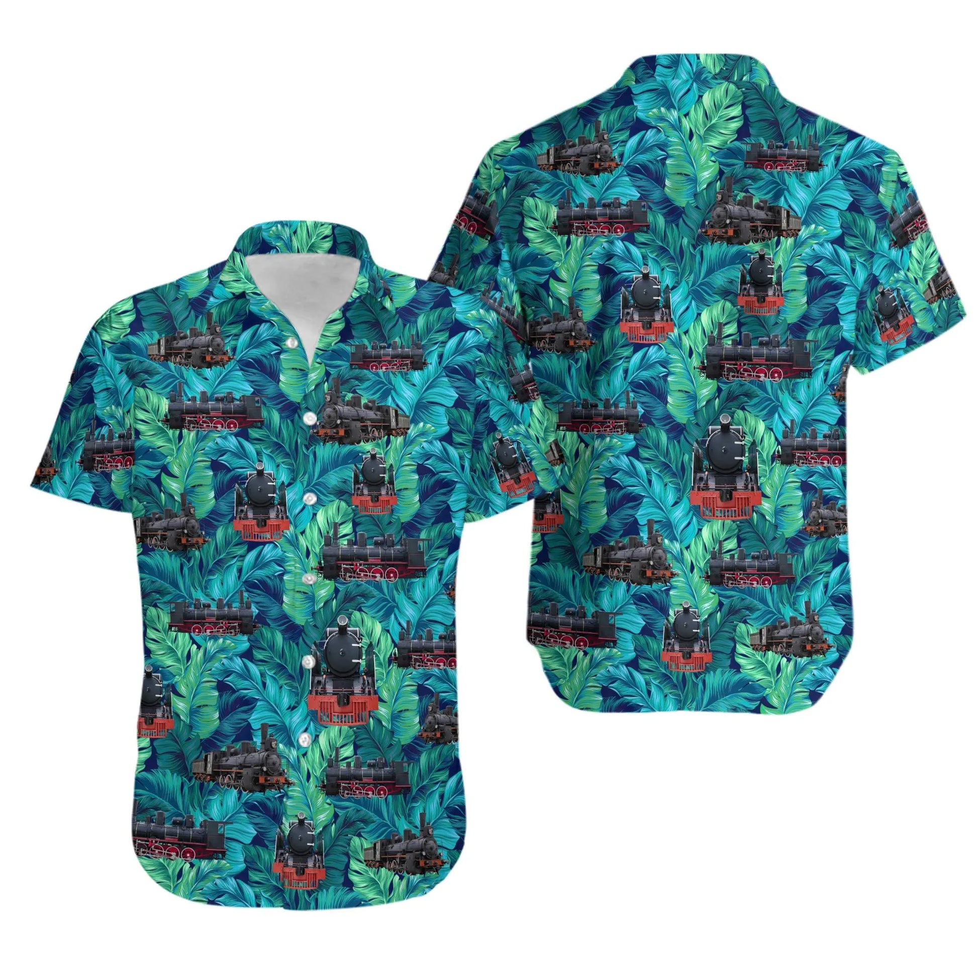 Steam Train Hawaiian Shirt | Tropical Leaf Print Pattern | Lightweight Breathable Fabric | Unique Gift For Train Enthusiasts And Railfans