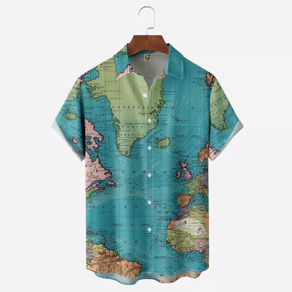 World Map Print Hawaiian Shirt | Vintage Cartography Art | Lightweight Breathable Fabric | Unique Travel Gift for Men and Women