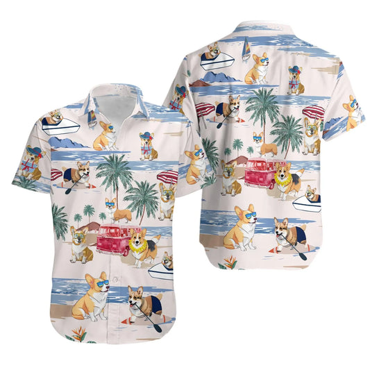 Corgi Hawaiian Shirt | Funny Cartoon Dog Beach Print | Premium Lightweight Aloha Shirt | Summer Gift for Dog Lovers