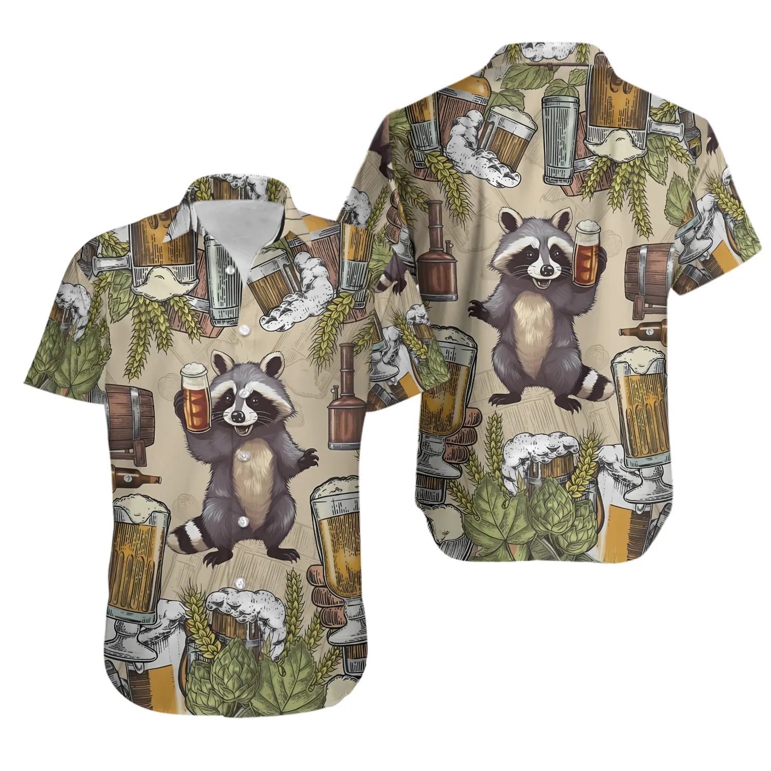 Beer Raccoon Hawaiian Shirt | Funny Tropical Animal Print | Lightweight Summer Button Down | Gift For Beer Lovers And Wildlife Fans