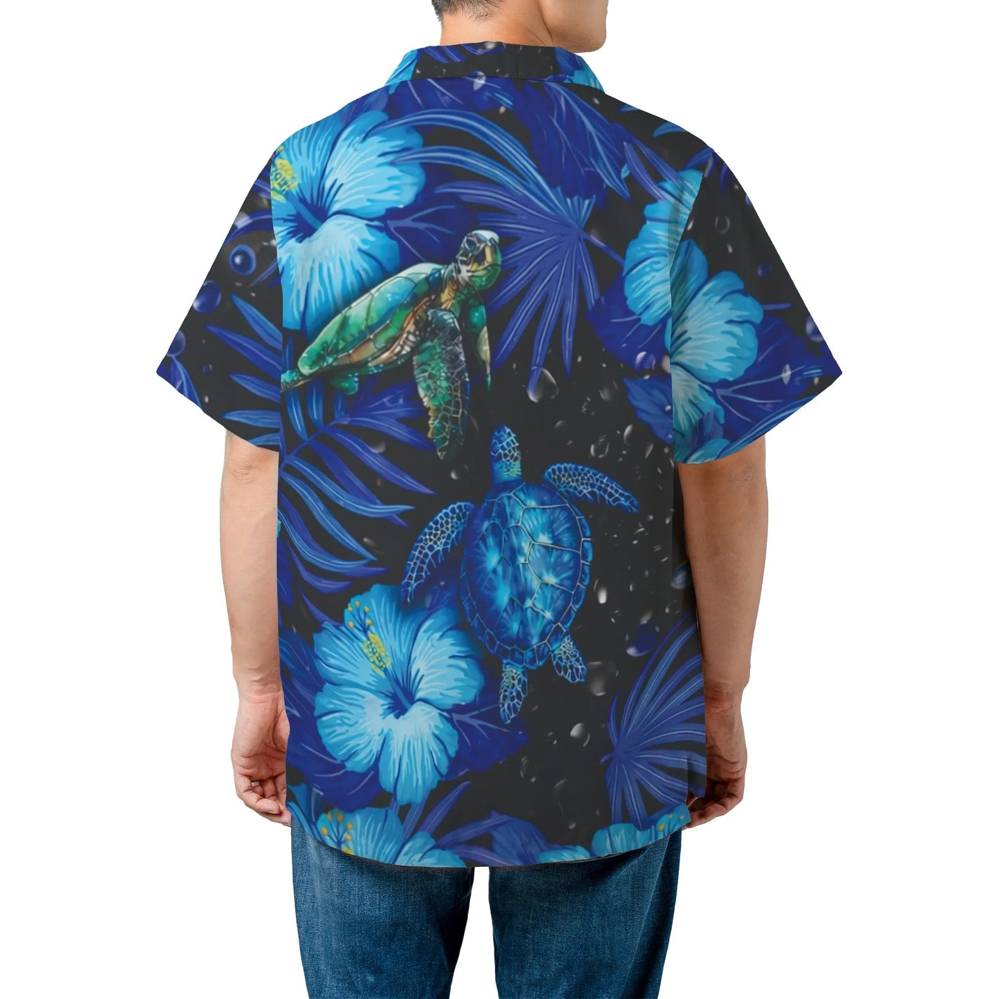 Blue Sea Turtle Hawaiian Shirt | Tropical Hibiscus Floral Print | Lightweight Breathable Fabric | Summer Beach Vacation Gift for Him