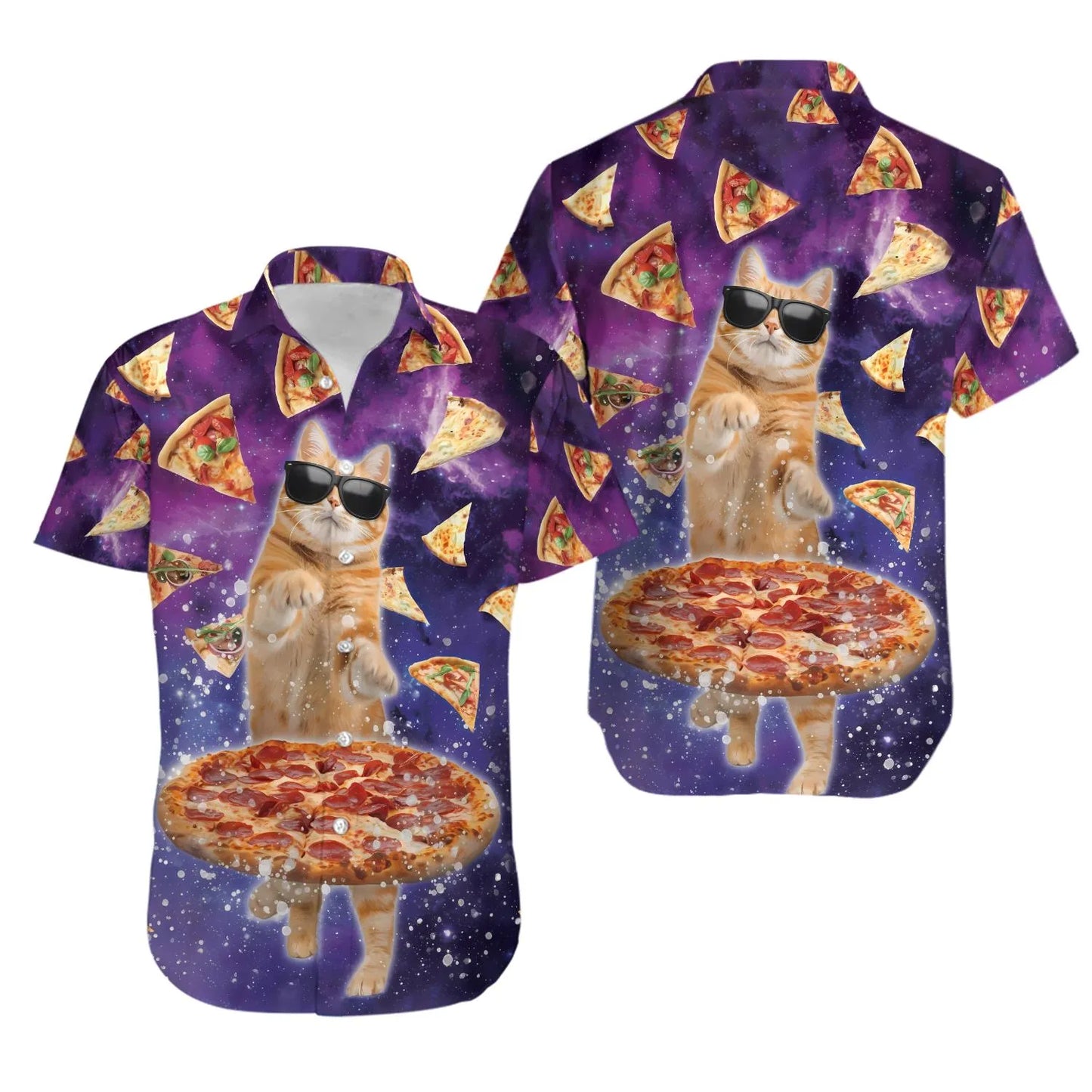 Pizza Space Cat Hawaiian Shirt | Funny Galaxy Graphic Print | Lightweight Aloha Top | Unique Gift for Cat Lovers