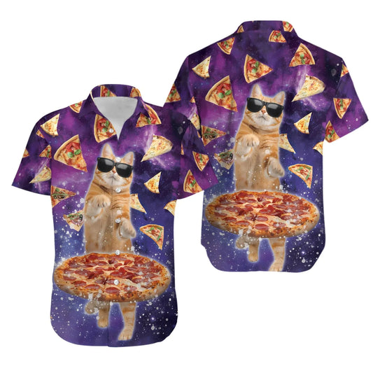 Pizza Space Cat Hawaiian Shirt | Funny Galaxy Graphic Print | Lightweight Aloha Top | Unique Gift for Cat Lovers
