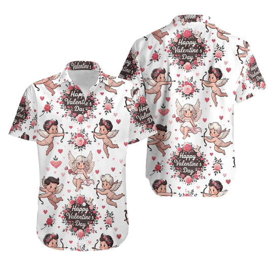 Happy Valentine's Day Cupid Hawaiian Shirt | Romantic Floral Pattern | Lightweight Breathable Fabric | Unique Gift For Couples