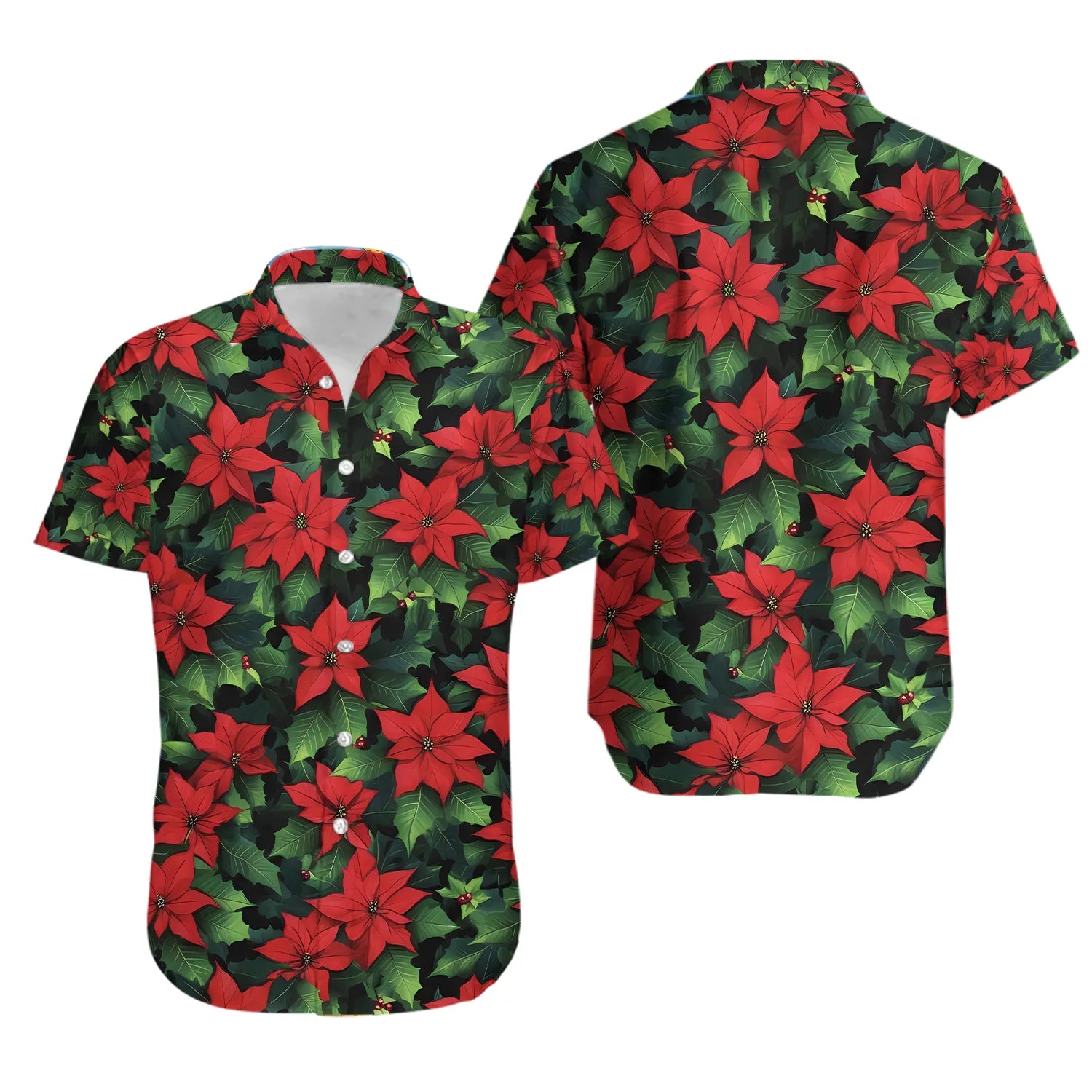 Poinsettia Hawaiian Shirt | Festive Holiday Floral Print | Lightweight Summer Button Down | Christmas Party Apparel For Men