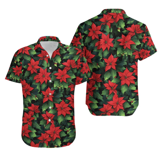 Poinsettia Hawaiian Shirt | Festive Holiday Floral Print | Lightweight Summer Button Down | Christmas Party Apparel For Men