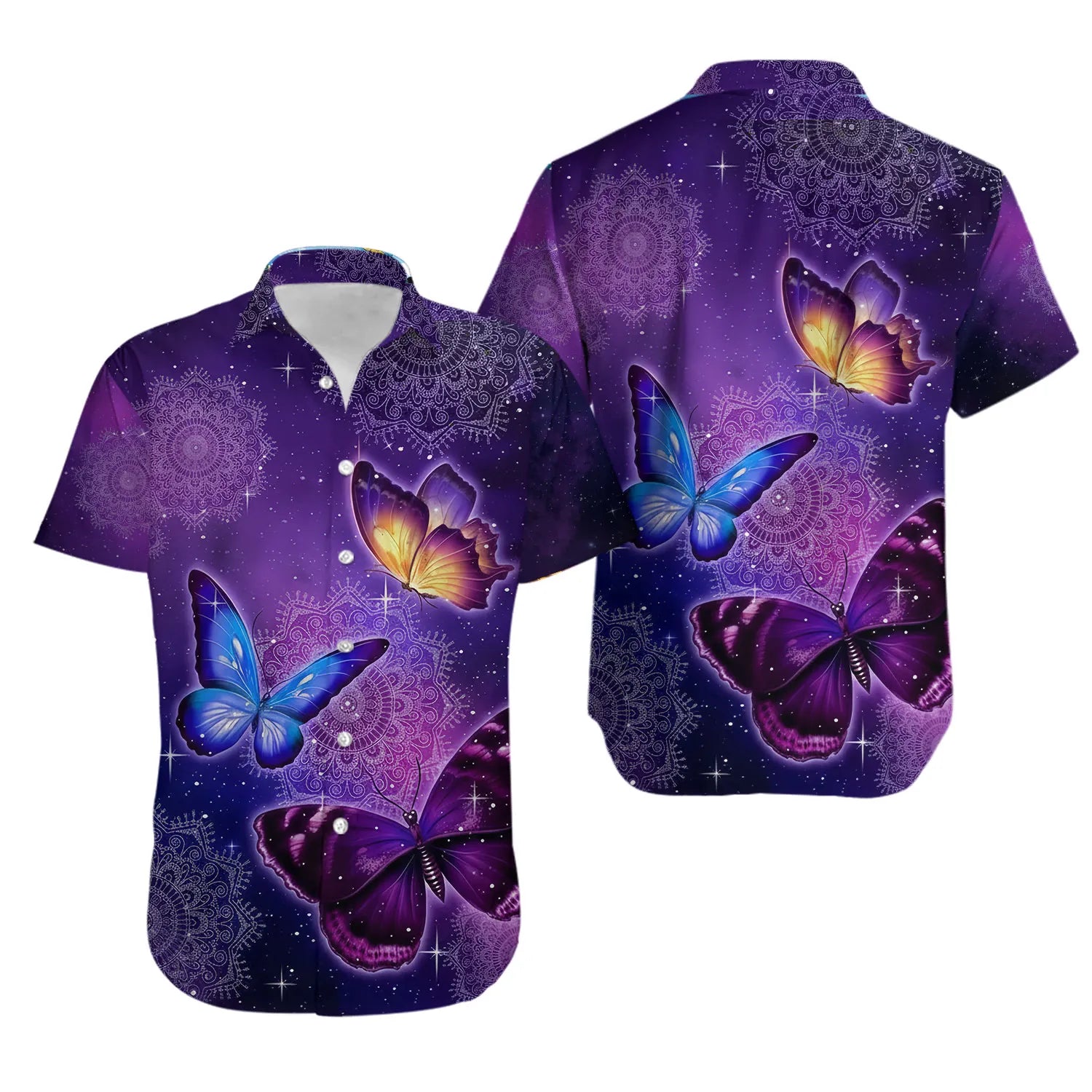 Purple Butterfly Hawaiian Shirt | Celestial Mandala Print Design | Lightweight Summer Fabric | Bohemian Beach Gift For Nature Lovers