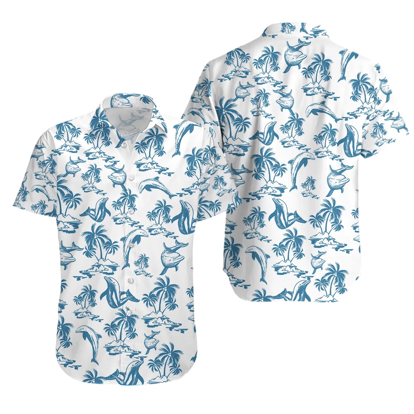 Dolphin Hawaiian Shirt | Tropical Palm Print Button-Down | Lightweight Summer Apparel | Casual Beachwear Gift for Ocean Lovers