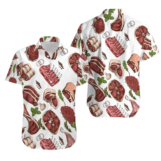 Butcher Hawaiian Shirt | Gourmet Meat Print Pattern | Premium Lightweight Aloha Style | Unique Culinary Gift for Foodies and Chefs