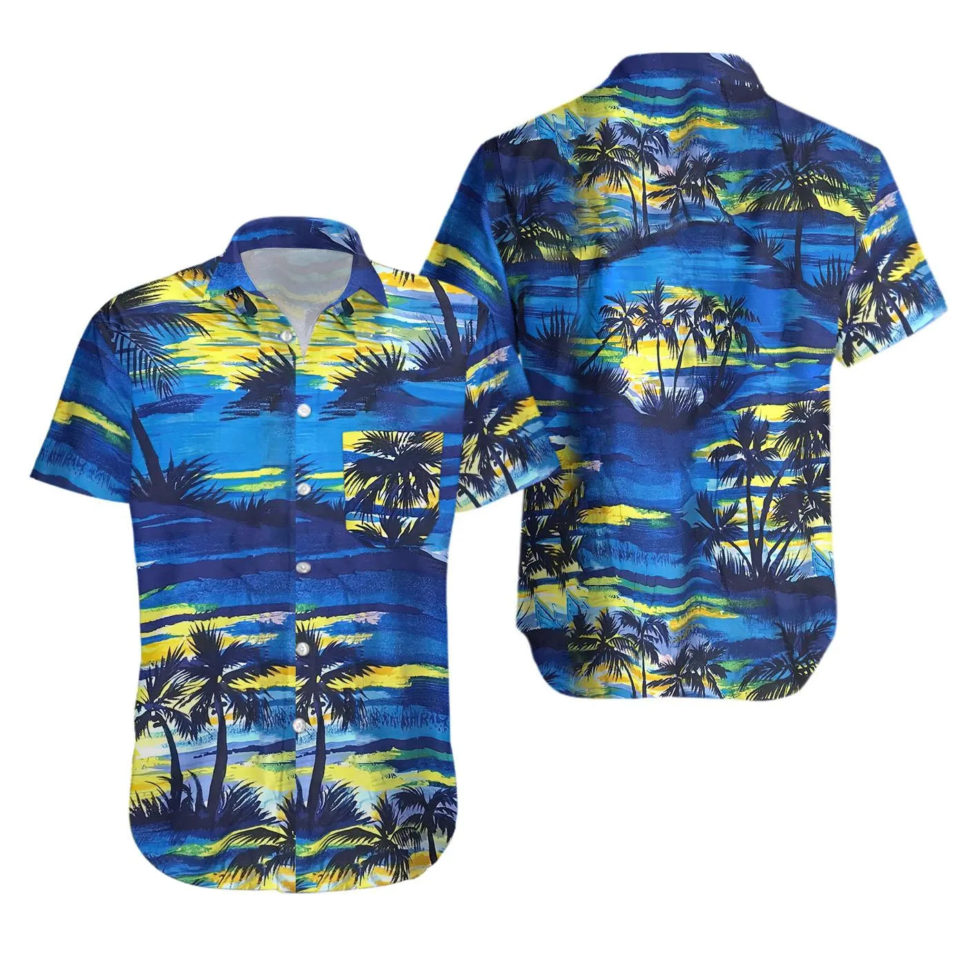 Vintage Hawaiian Shirt | Blue Yellow Palm Tree Sunset Print | Soft Rayon Fabric | Tropical Summer Beach Vacation Gift for Men