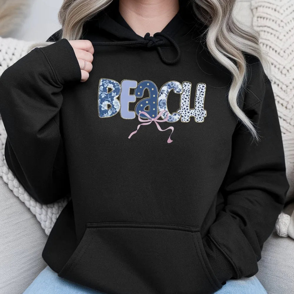 Beach Graphic Hoodie | Floral Boho Lettering & Bow Detail | Soft Cotton-Poly Blend | Cute Coastal Summer Vacation Gift for Her