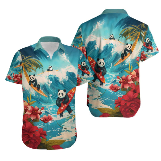Surfing Panda Hawaiian Shirt | Tropical Ocean Waves Print | Lightweight Summer Apparel | Unisex Beach Vacation Gift