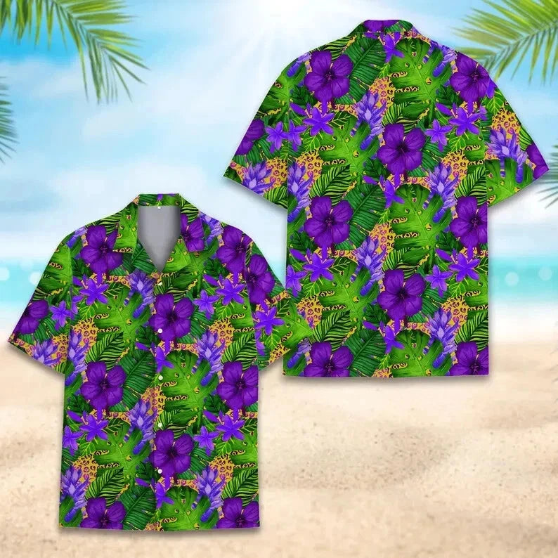 Tropical Purple Hibiscus Hawaiian Shirt | Vibrant Botanical Floral Print | Lightweight Summer Camp Collar | Unisex Vacation Beach Apparel