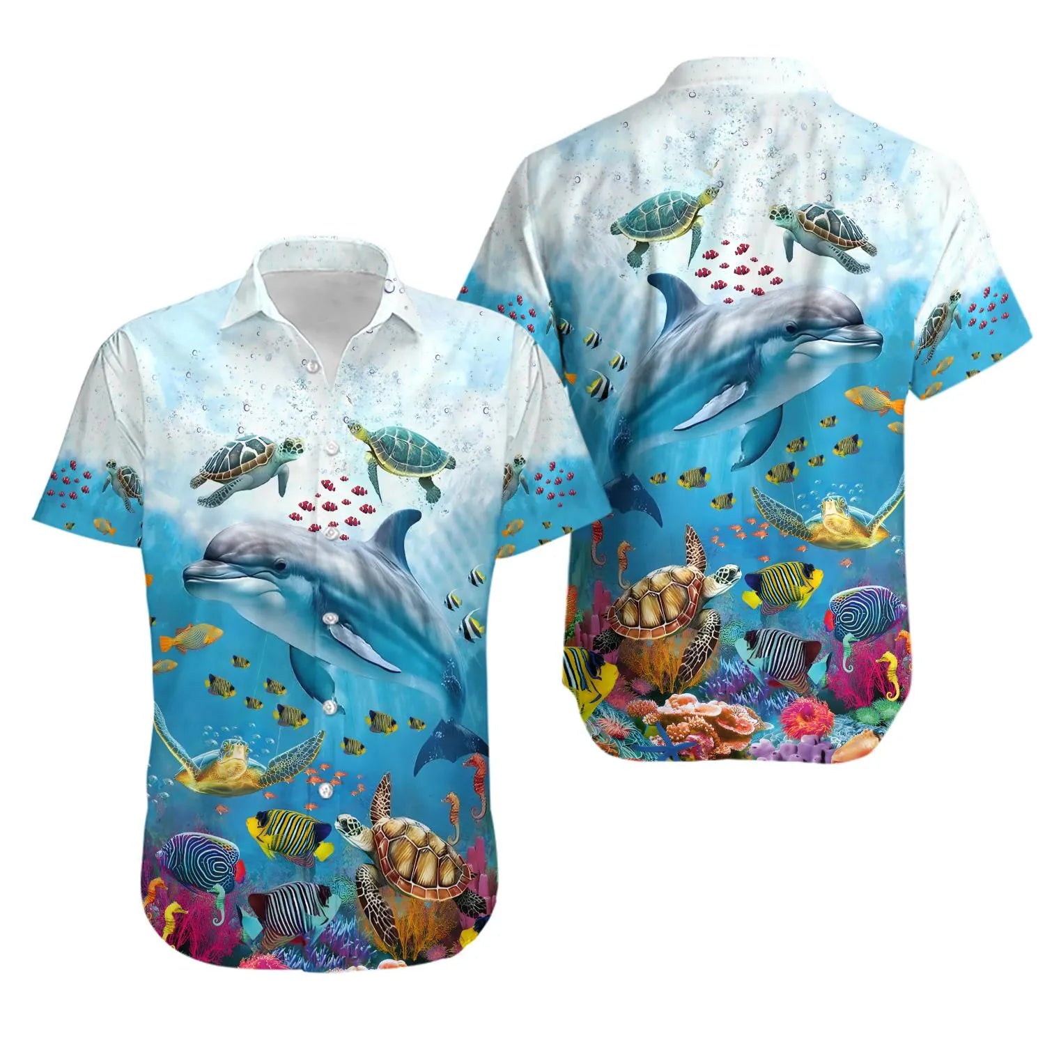 Dolphin Hawaiian Shirt | Tropical Marine Life Print | Lightweight Breathable Fabric | Unisex Summer Beach Vacation Gift