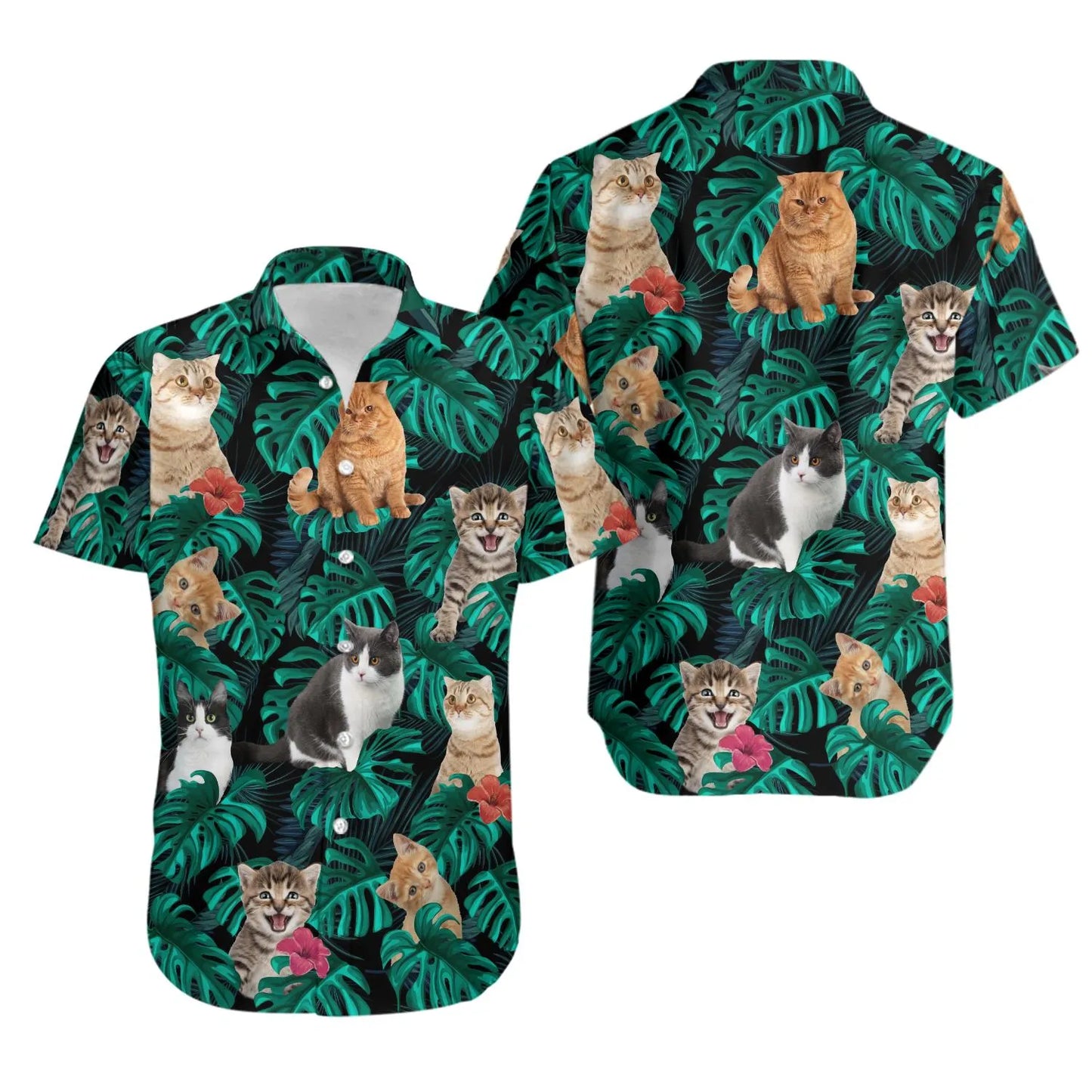 Cat Hawaiian Shirt | Tropical Jungle Botanical Print | Lightweight Polyester Blend | Funny Summer Gift For Cat Lovers
