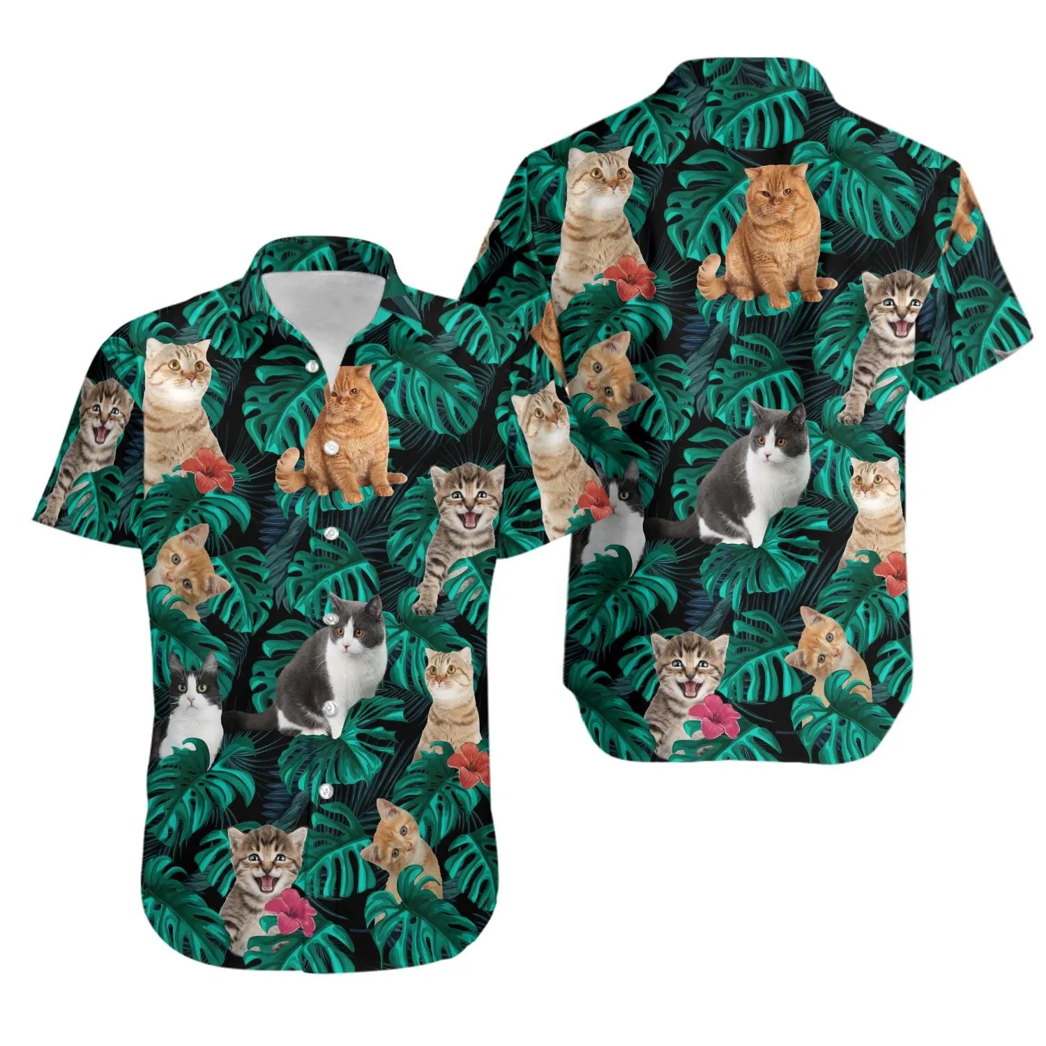 Cat Hawaiian Shirt | Tropical Jungle Botanical Print | Lightweight Polyester Blend | Funny Summer Gift For Cat Lovers
