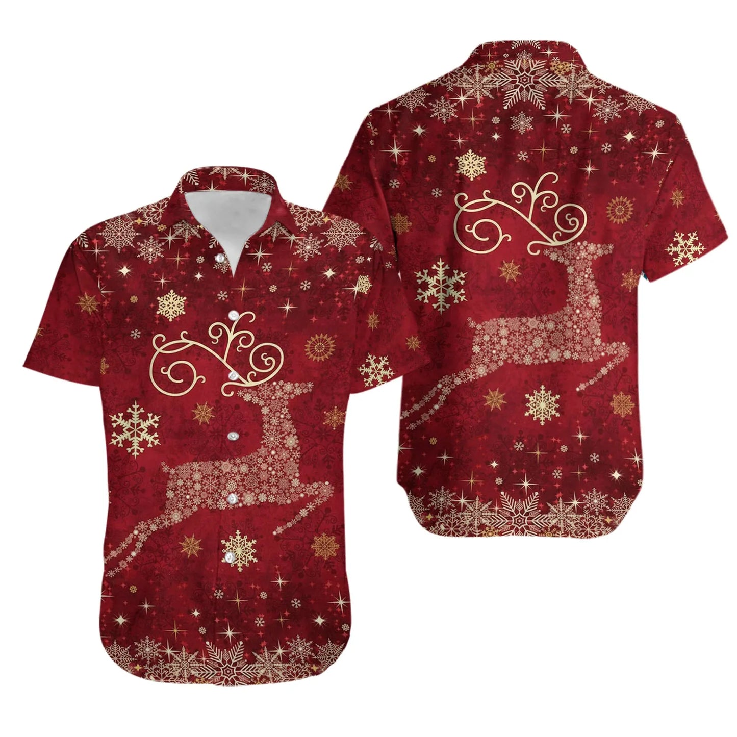 Christmas Hawaiian Shirt | Reindeer Snowflake Holiday Print | Lightweight Button-Down | Festive Men's Party Gift
