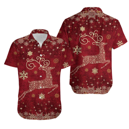 Christmas Hawaiian Shirt | Reindeer Snowflake Holiday Print | Lightweight Button-Down | Festive Men's Party Gift