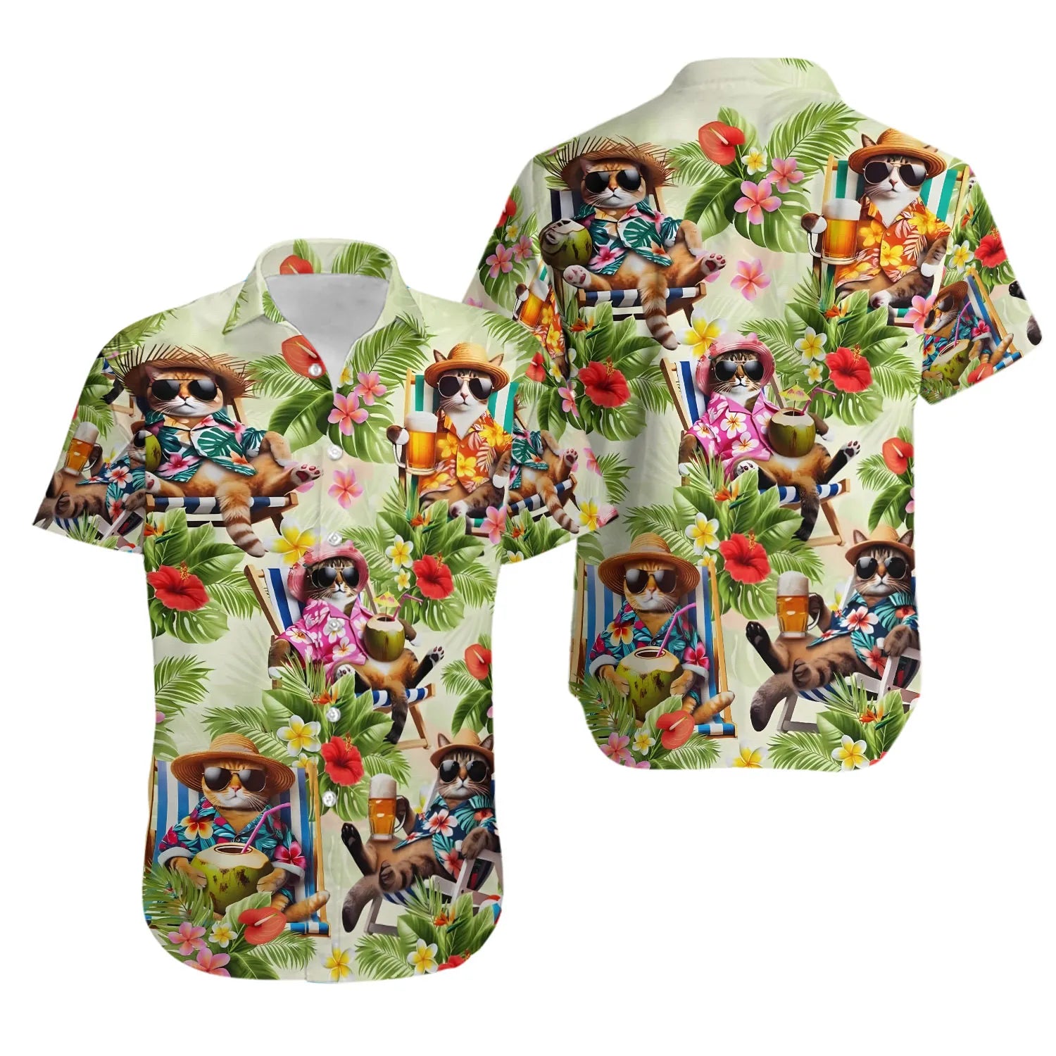 Tropical Cat Hawaiian Shirt | Aloha Beach Summer Print | Lightweight Button Down | Fun Cat Lover Gift for Men and Women