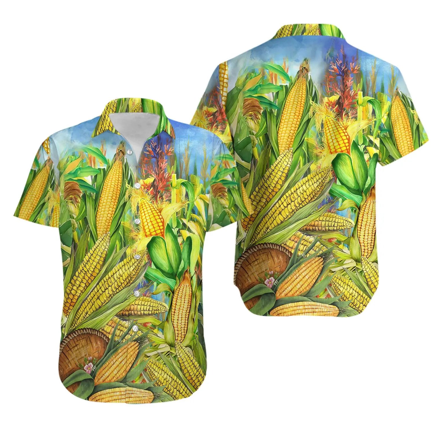 Corn Harvest Hawaiian Shirt | Farm Fresh Vegetable Print | Lightweight Summer Apparel | Casual Unisex Button-Down Gift