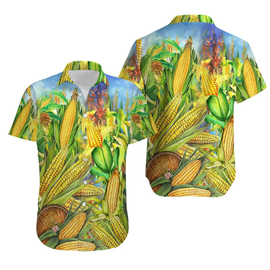 Corn Harvest Hawaiian Shirt | Farm Fresh Vegetable Print | Lightweight Summer Apparel | Casual Unisex Button-Down Gift