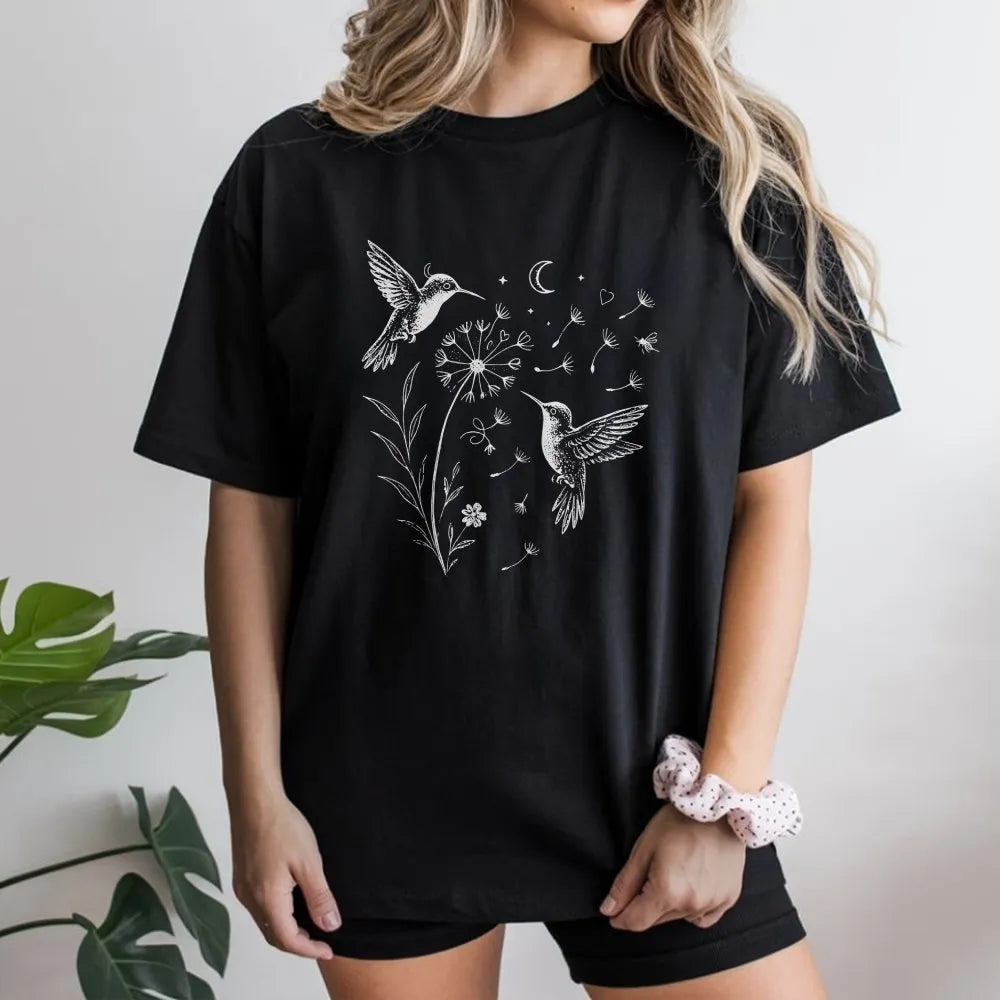 Hummingbird Dandelion T-Shirt | Celestial Wildflower Graphic Art | Premium 100% Cotton | Nature Lover Gift for Women