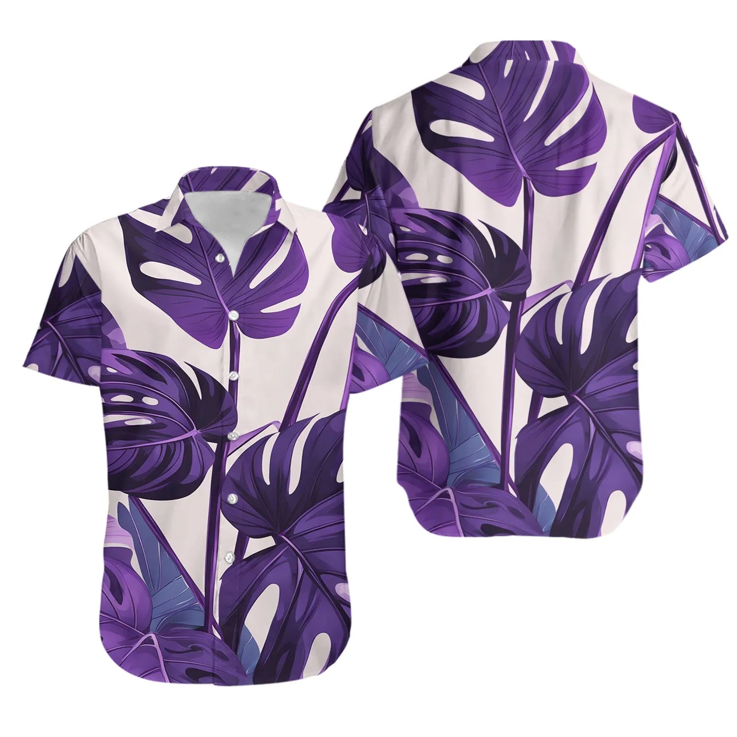Purple Monstera Hawaiian Shirt | Tropical Leaf Print Aloha Design | Lightweight Summer Button Down | Premium Beach Vacation Gift for Men