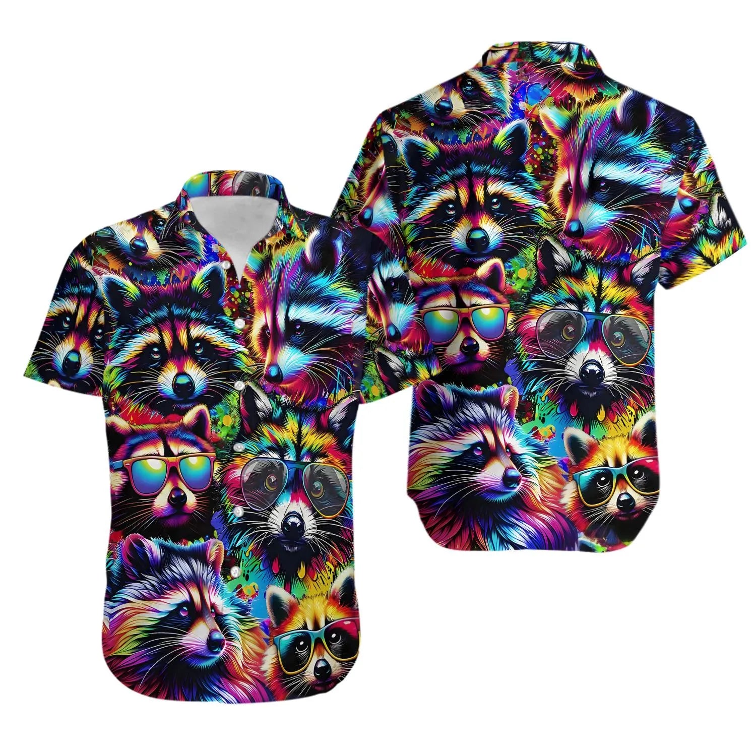 Colorful Raccoon Hawaiian Shirt | Psychedelic Animal Print Aloha Button Down | Lightweight Summer Apparel | Unique Gift For Wildlife Lovers