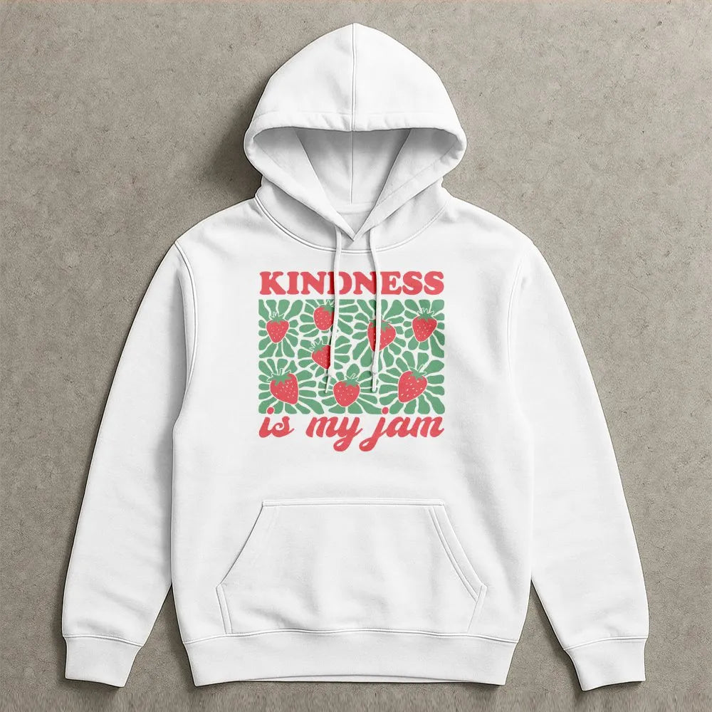 Kindness Is My Jam Hoodie | Retro Strawberry Graphic Print | Soft Cotton-Poly Blend | Positive Teacher Gift Sweatshirt