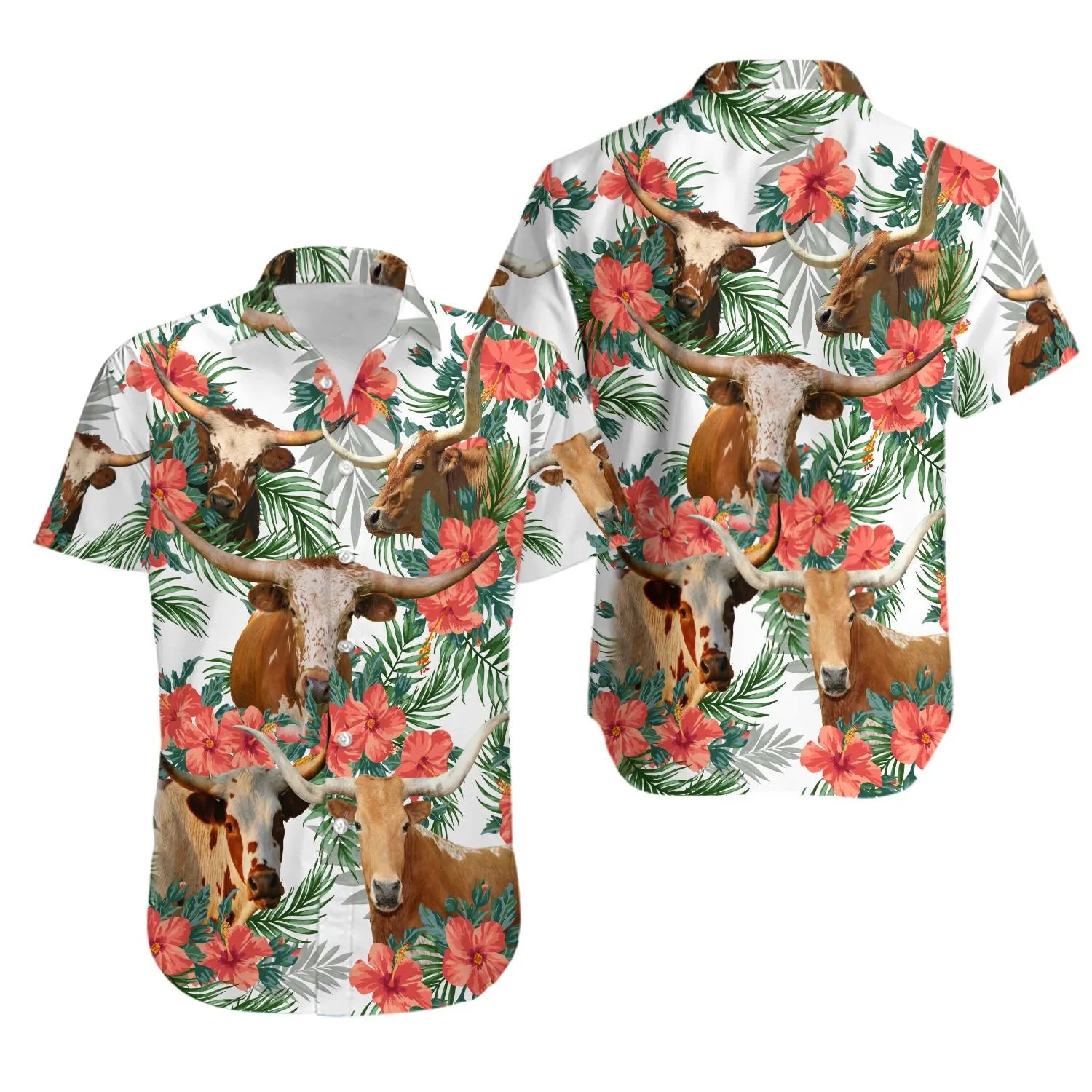 Texas Longhorn Hawaiian Shirt | Tropical Floral Cattle Print | Lightweight Summer Button Down | Gift for Ranchers & Farm Life Fans