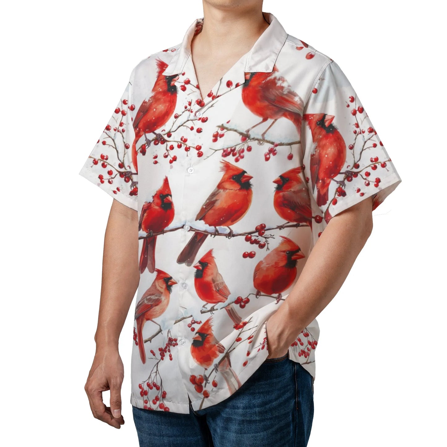 Cardinal Hawaiian Shirt | Festive Winter Bird Print | Lightweight Polyester | Nature Lover Gift Idea