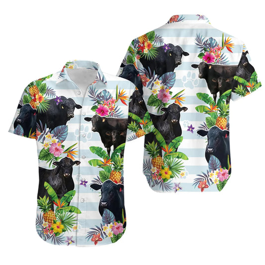 Angus Cow Hawaiian Shirt | Tropical Floral & Pineapple Print | Lightweight Premium Fabric | Fun Farm Animal Beachwear Gift