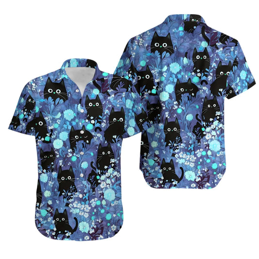 Black Cat Hawaiian Shirt | Floral Garden Print | Lightweight Silky Fabric | Spooky Halloween Gift for Cat Lovers