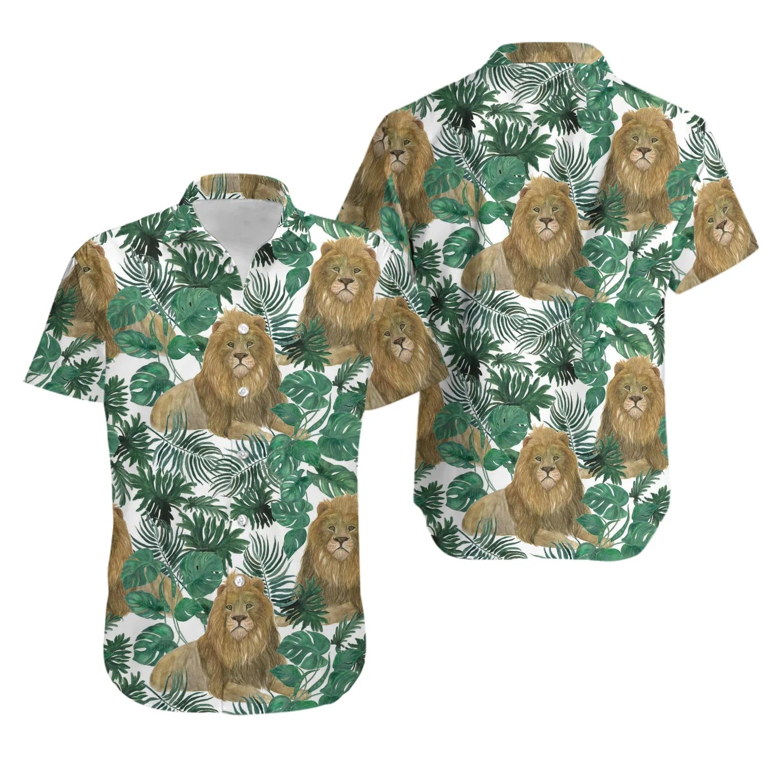 Lion Tropical Hawaiian Shirt | Exotic Jungle Leaf Print | Lightweight Breathable Fabric | Fun Summer Vacation Gift For Him And Her