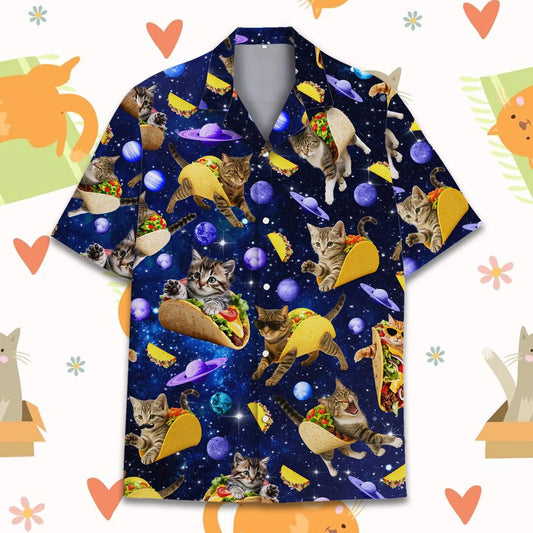 Space Cat Taco Hawaiian Shirt | Funny Cosmic Kitty Graphic Print | Lightweight Breathable Fabric | Unique Gift for Cat Lovers