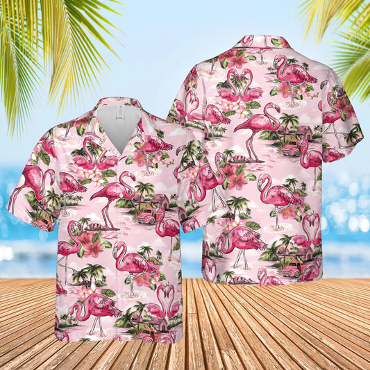 Tropical Flamingo Hawaiian Shirt | Pink Floral Beach Print | Lightweight Aloha Style | Summer Vacation Gift For Him And Her