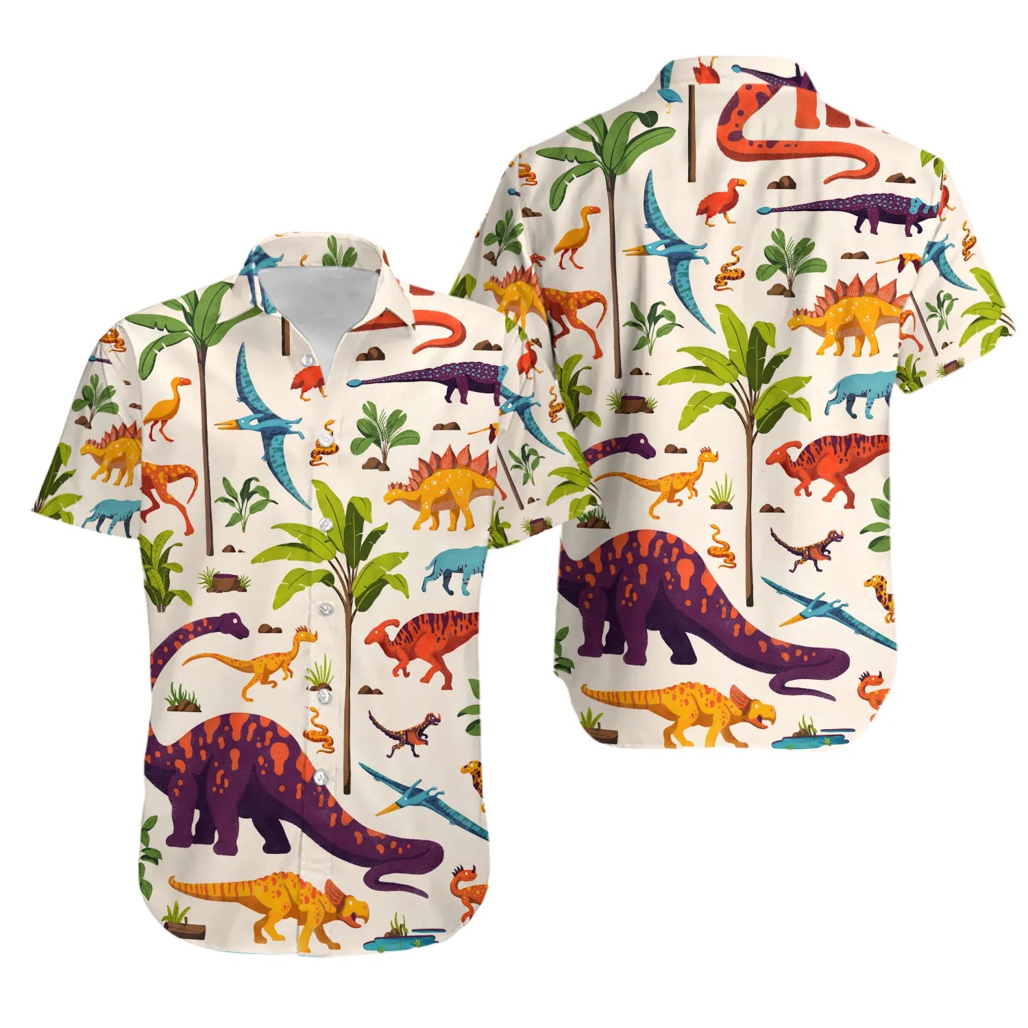 Dinosaur Hawaiian Shirt | Cartoon Jurassic Jungle Pattern | Lightweight Summer Aloha Top | Fun Gift for Dinosaur Lovers