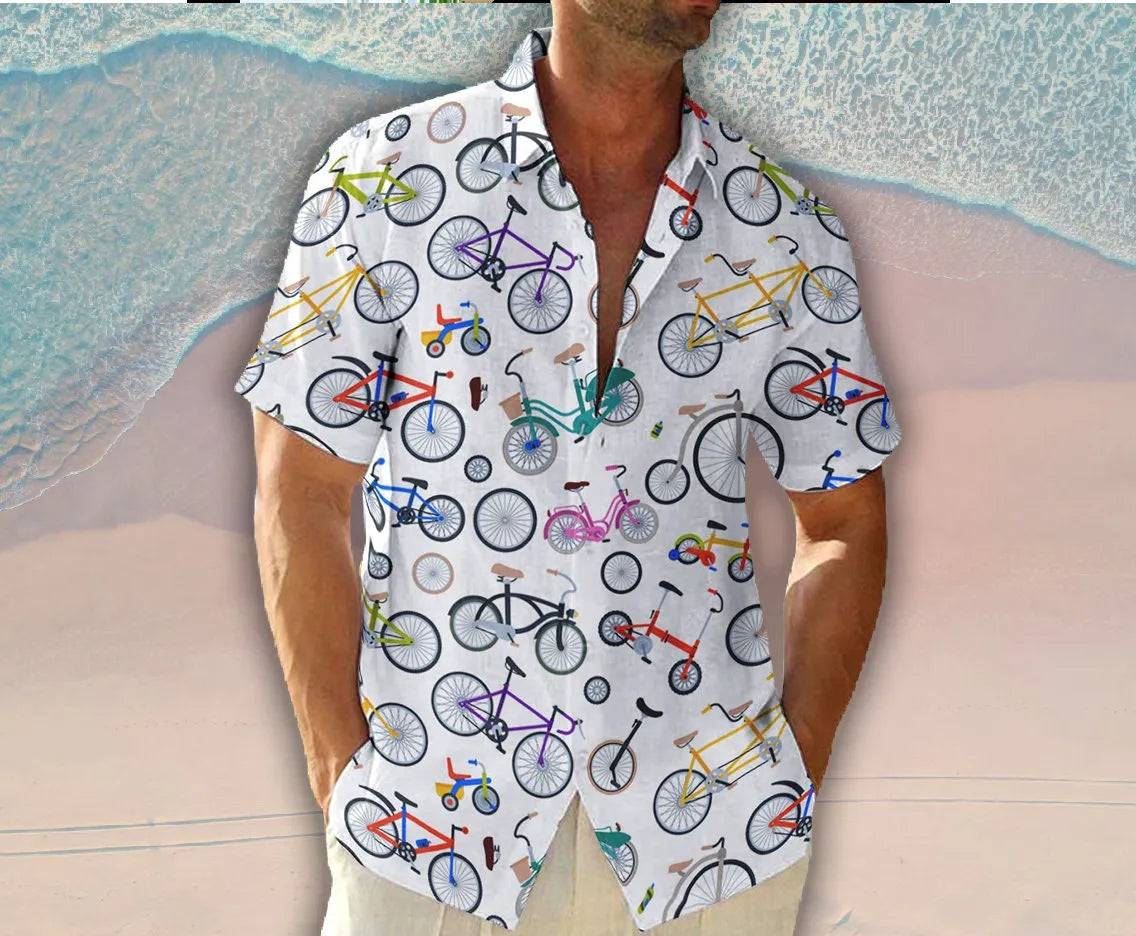 Bicycle Print Hawaiian Shirt | Vintage Cycling Graphic Design | Lightweight Summer Aloha Apparel | Unique Gift for Cyclist Men