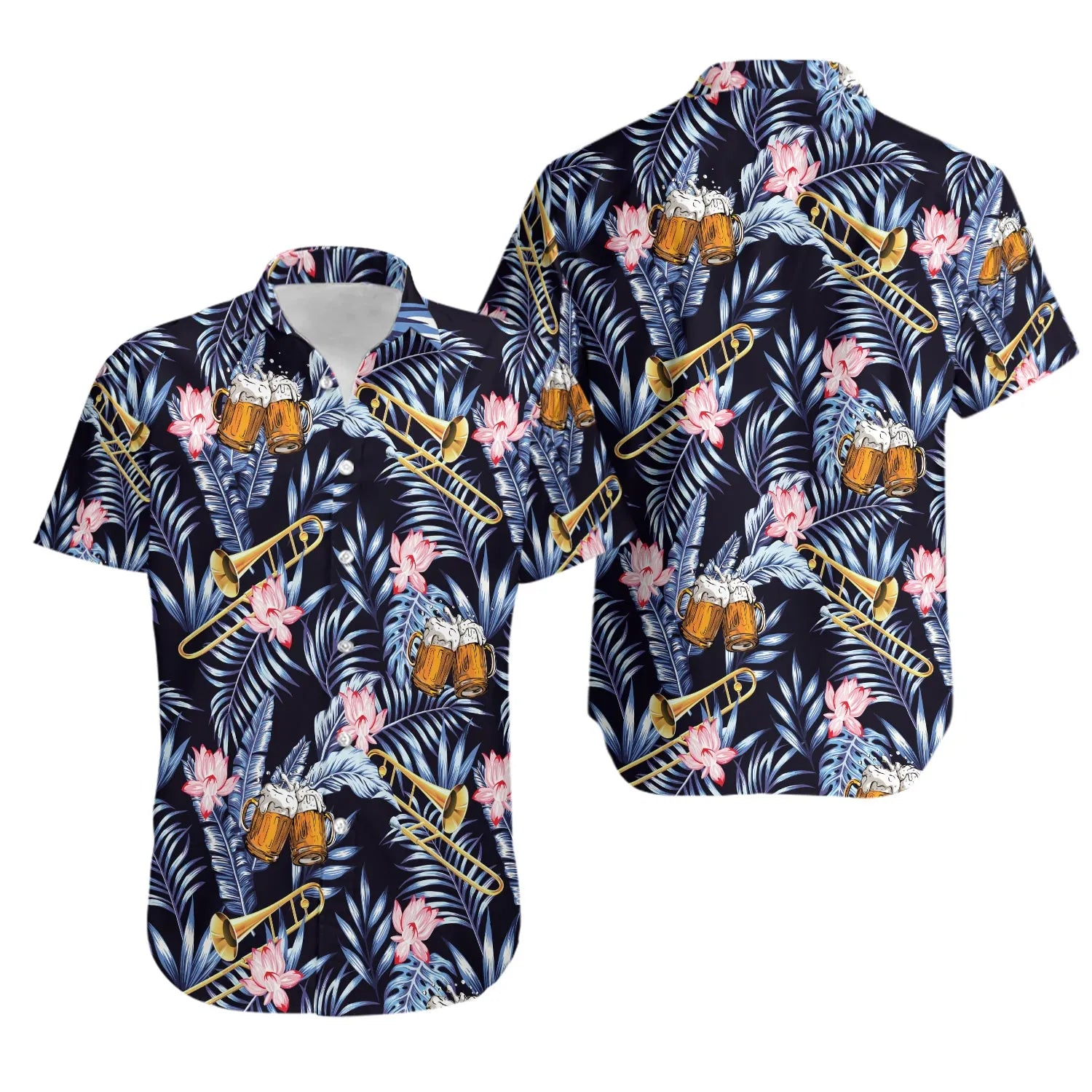 Trombone Beer Hawaiian Shirt | Tropical Floral Leaf Print | Premium Lightweight Summer Apparel | Gift for Musician or Beer Lover