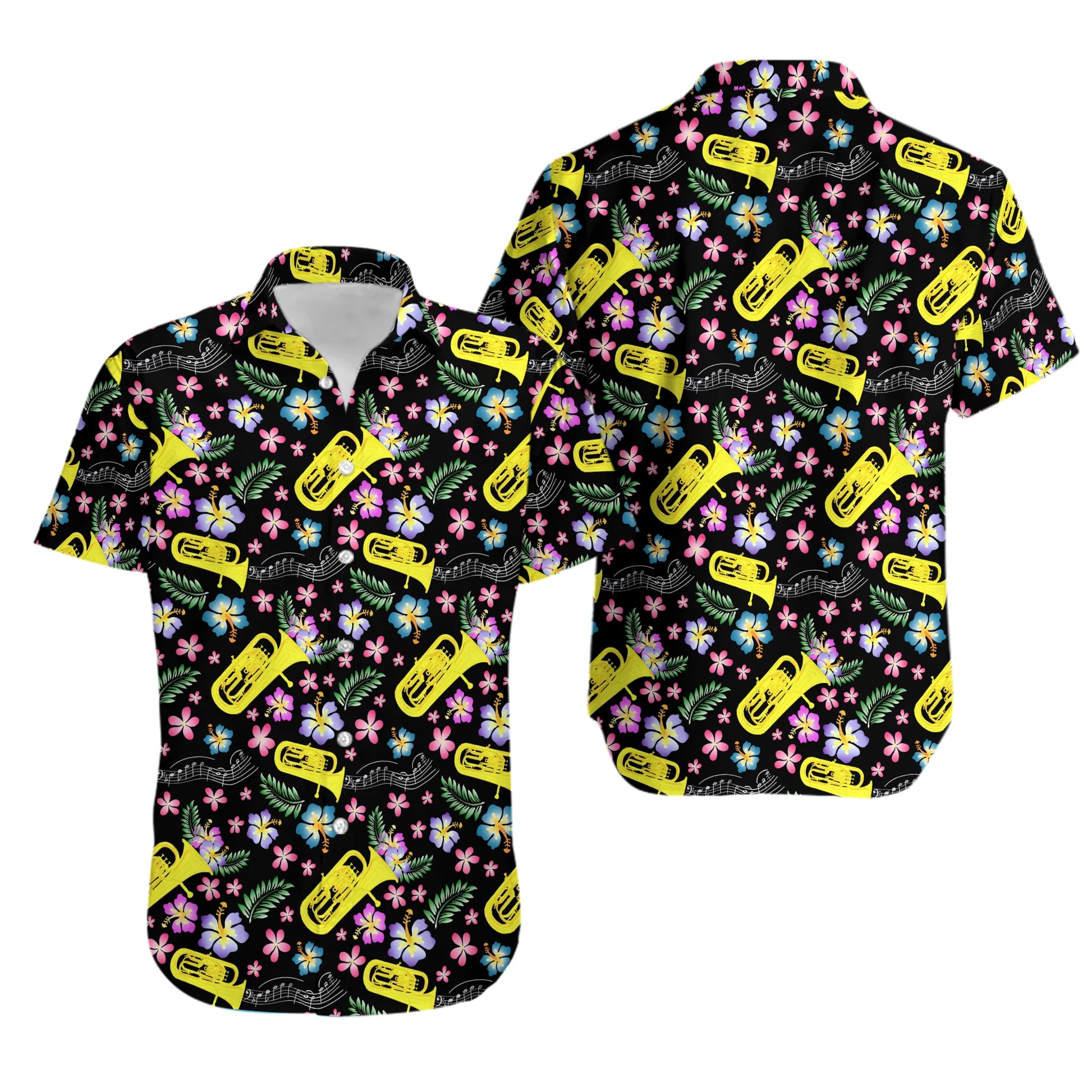 Euphonium Hawaiian Shirt | Floral Music Print | Lightweight Casual Button Down | Gift for Brass Musician