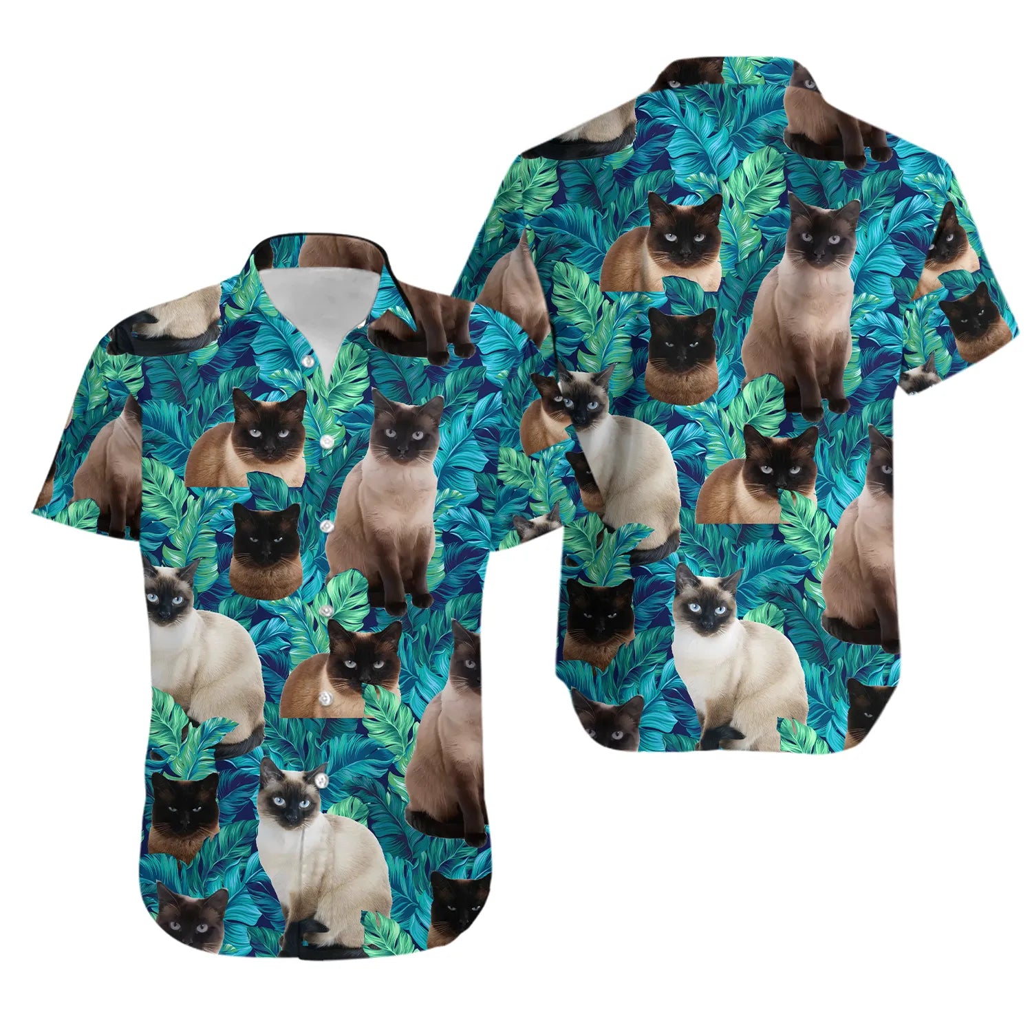 Siamese Cat Hawaiian Shirt | Tropical Leaf Print Aloha Button Down | Lightweight Summer Beach Wear | Premium Gift for Cat Lovers
