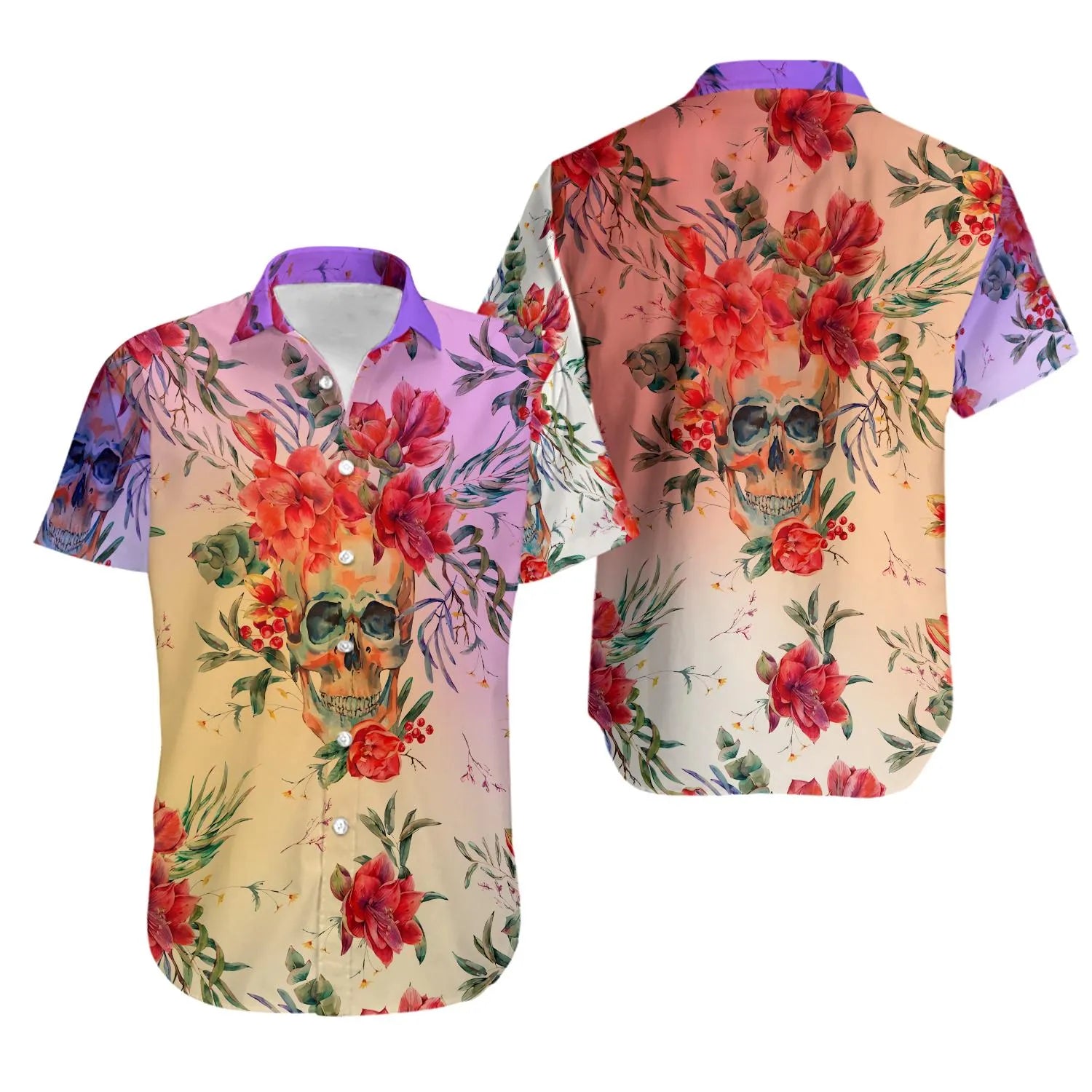 Floral Skull Hawaiian Shirt | Tropical Botanical Sugar Skull Print | Lightweight Premium Fabric | Summer Beach Gift For Him And Her