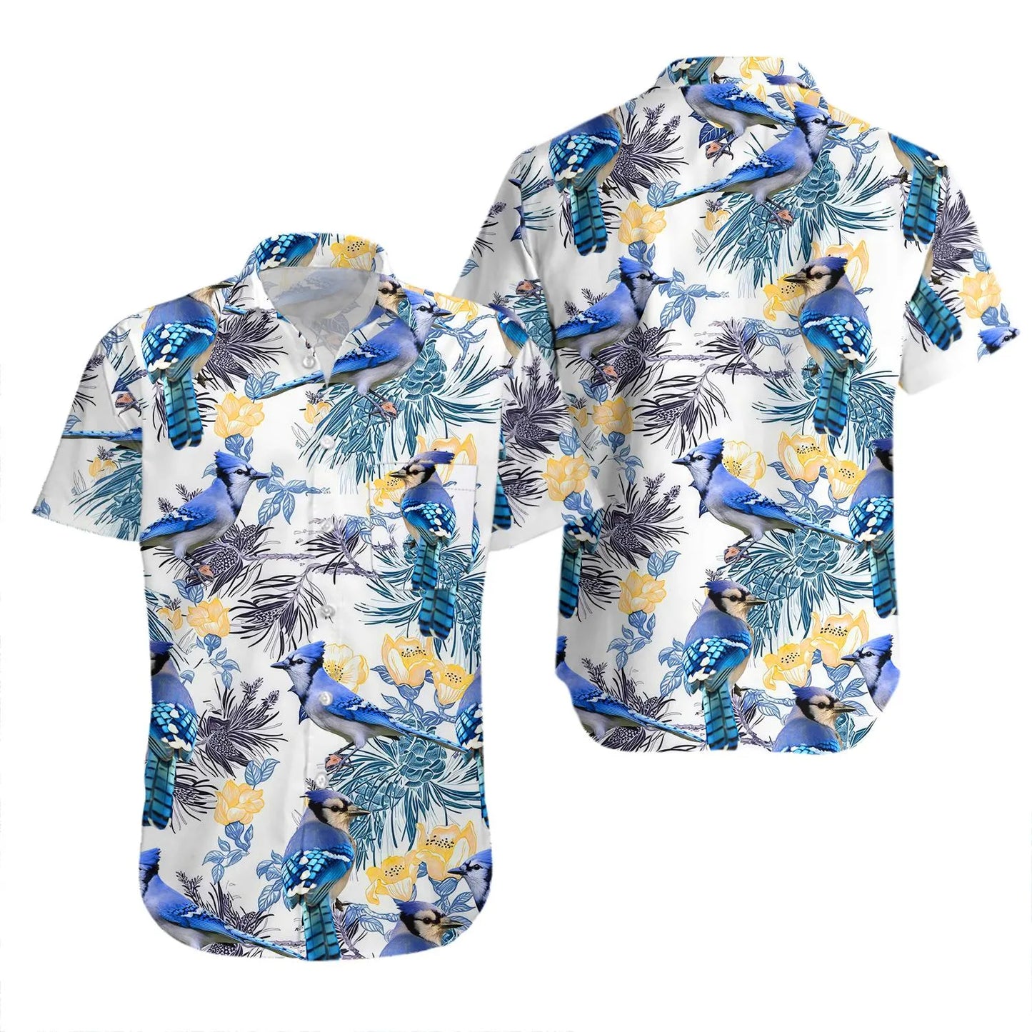 Blue Jay Hawaiian Shirt | Tropical Bird Nature Print | Lightweight Summer Aloha Shirt | Gift for Bird Lovers
