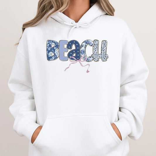 Beach Graphic Hoodie | Floral Boho Lettering & Bow Detail | Soft Cotton-Poly Blend | Cute Coastal Summer Vacation Gift for Her