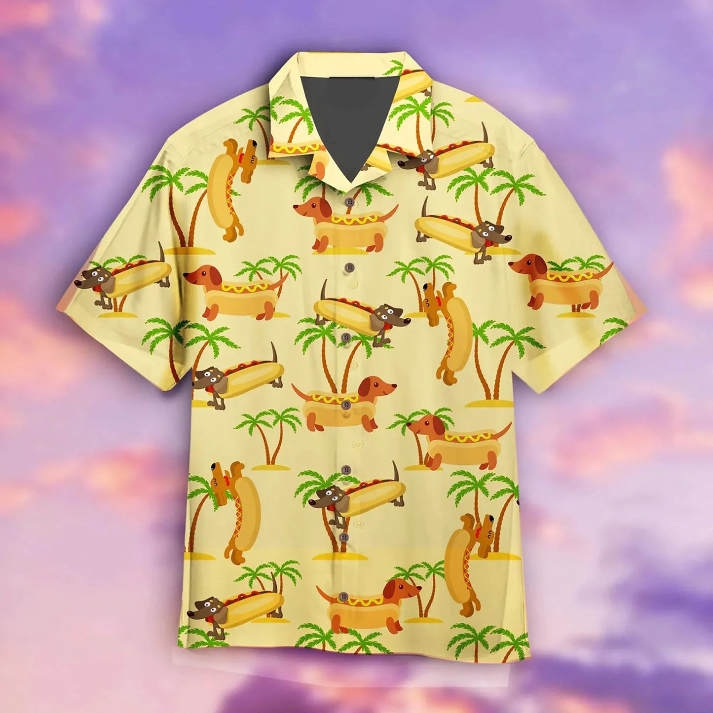 Dachshund Hawaiian Shirt | Hot Dog Tropical Pattern | Lightweight Summer Aloha Wear | Quirky Gift for Dog Lovers