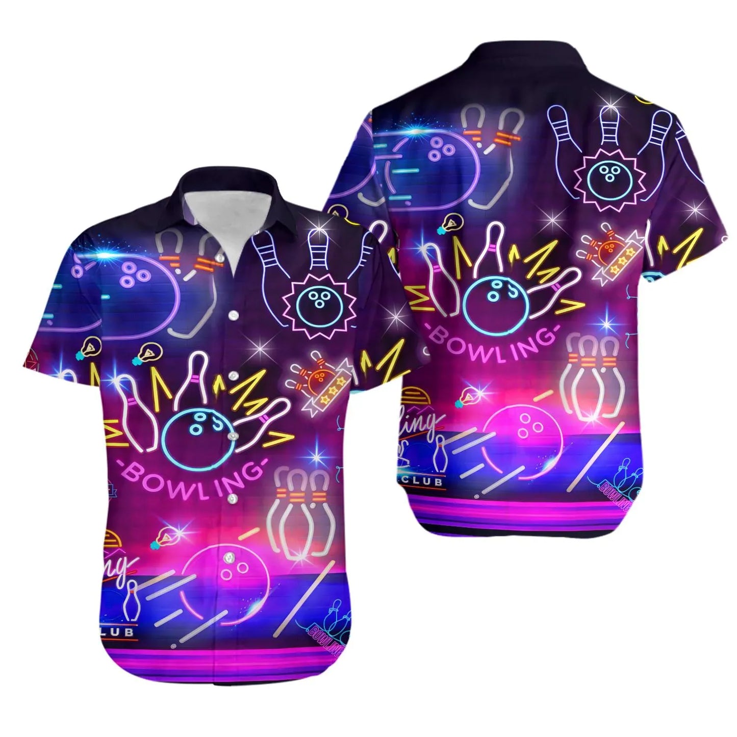 Neon Bowling Hawaiian Shirt | Glow-in-the-Dark Style Print | Lightweight Summer Button Down | Unique Gift for Bowling League Players