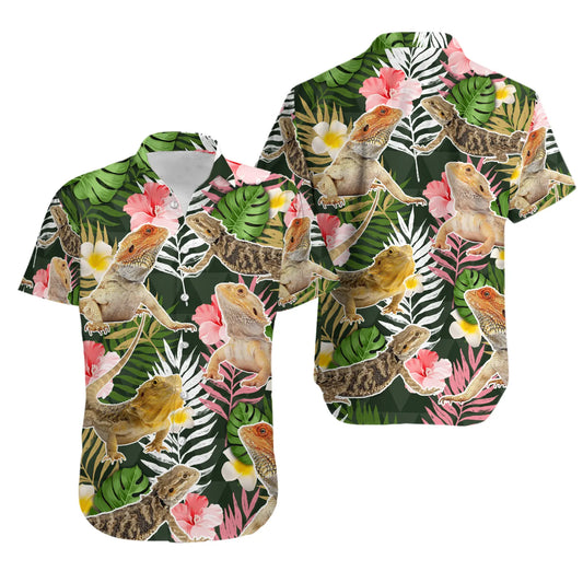 Bearded Dragon Hawaiian Shirt | Tropical Reptile Floral Print | Lightweight Summer Button Down | Fun Gift for Reptile Owners