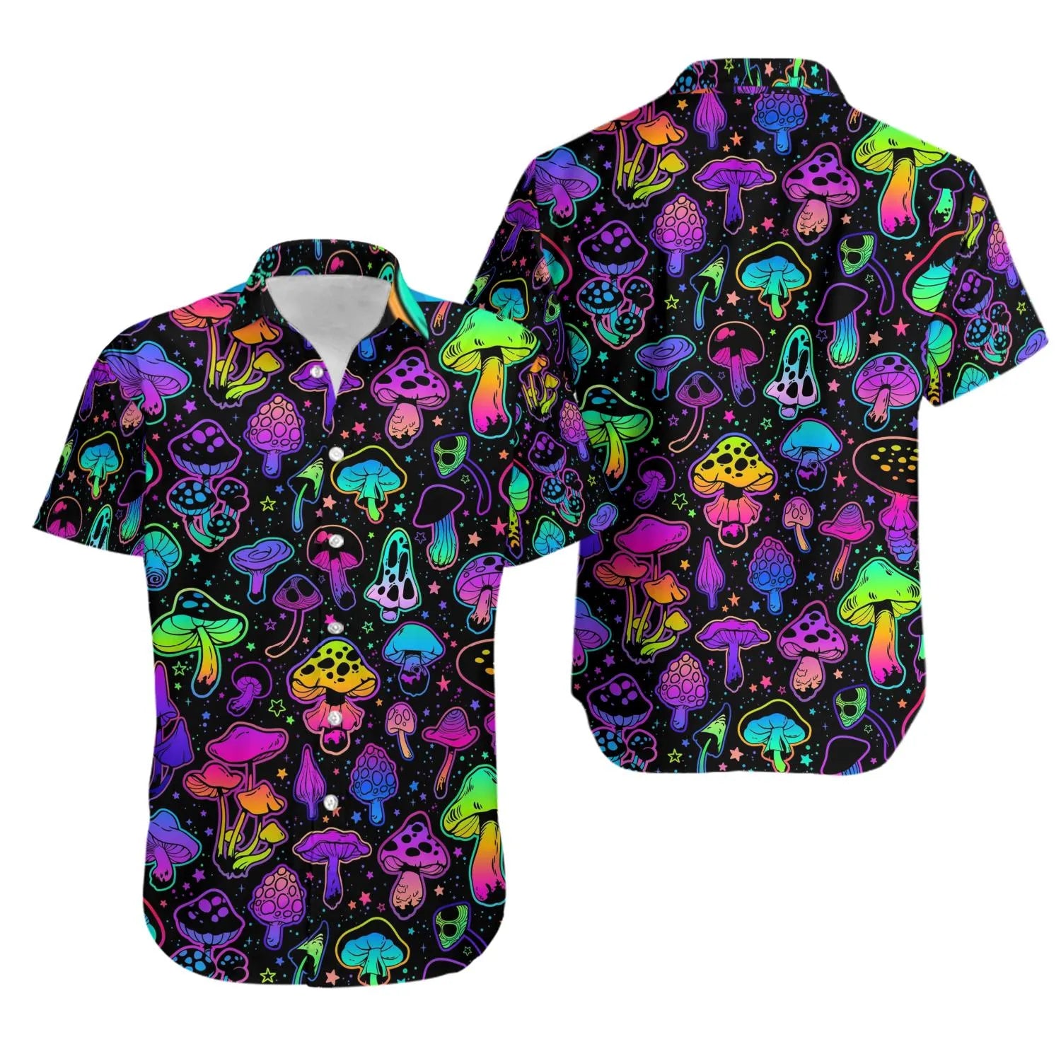 Mushroom Hawaiian Shirt | Psychedelic Neon Botanical Print | Lightweight Summer Aloha Top | Gift for Nature Lovers
