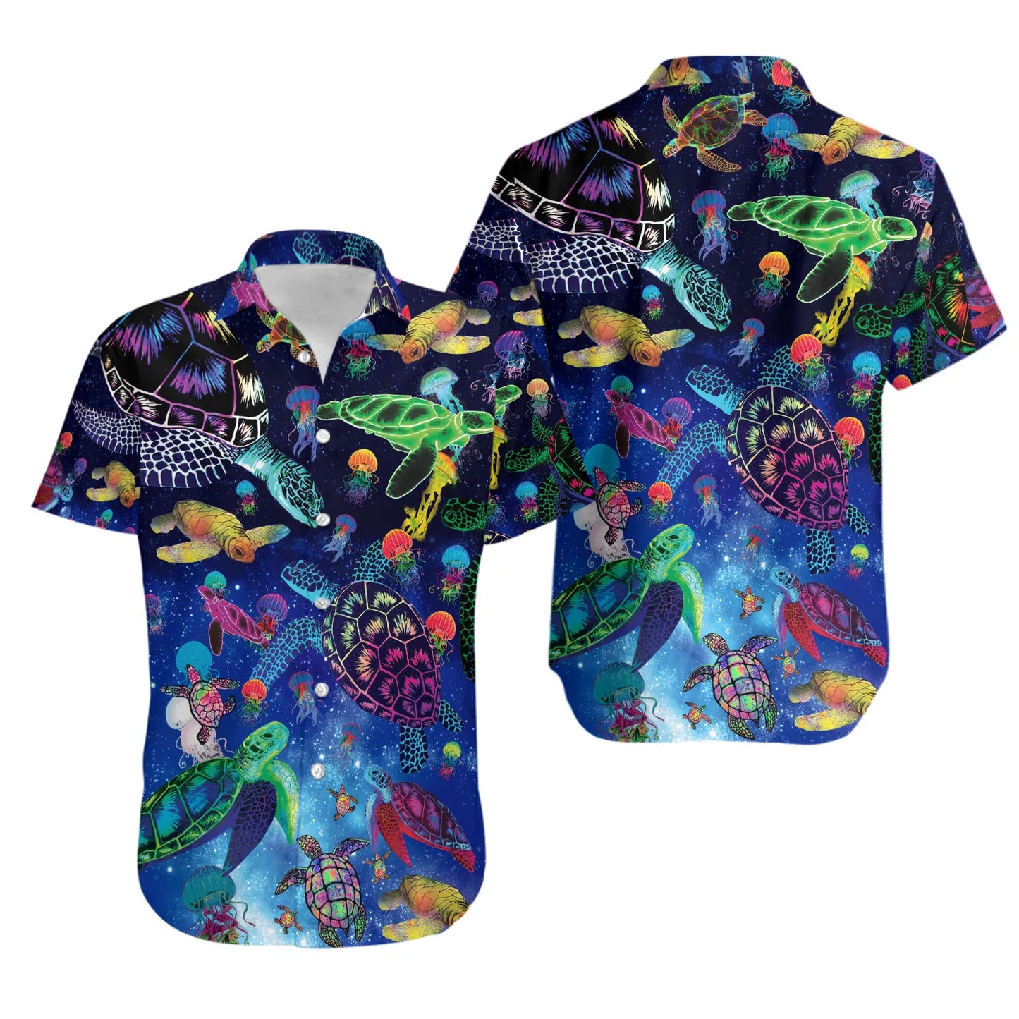 Neon Sea Turtle Hawaiian Shirt | Vibrant Ocean Jellyfish Print | Lightweight Summer Beachwear | Fun Tropical Gift For Ocean Lovers